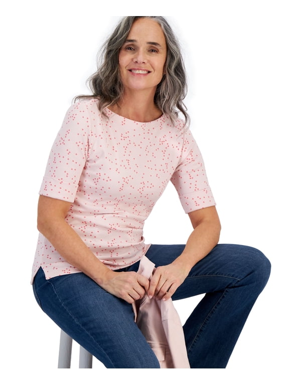 Petite Printed Boat-Neck Elbow-Sleeve Top Mini Star Pink PM