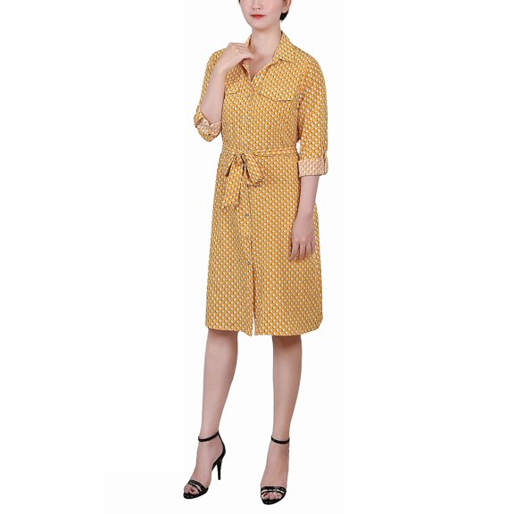 Petite Printed Long Sleeve Roll Tab Shirtdress Gold/Tone Bidotshade PM