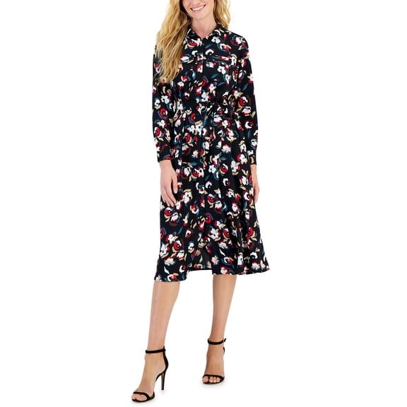 Petite Printed Long-Sleeve Tie-Belt Shirtdress Black Floral PM