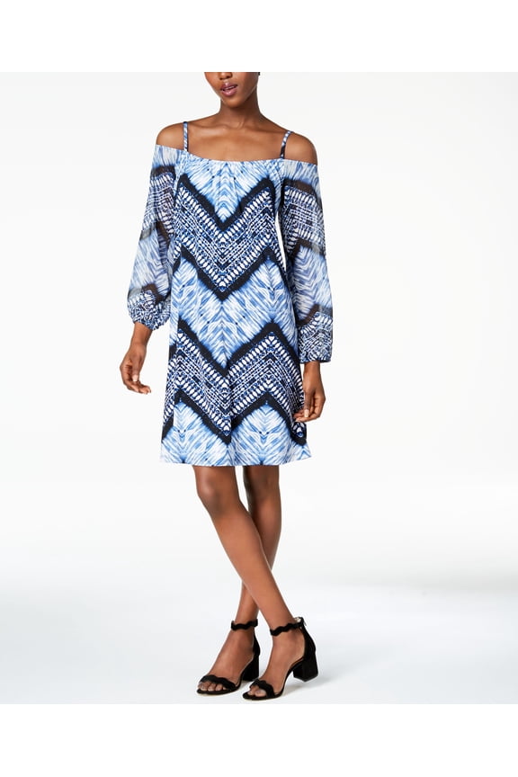 Petite Printed Off The Shoulder Dress Bluewhite Tribal PXS
