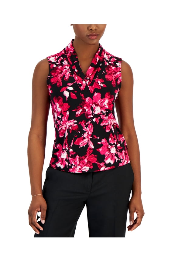 Petite Printed Triple-Pleat-Neck Sleeveless Top Amaranth Multi PXS