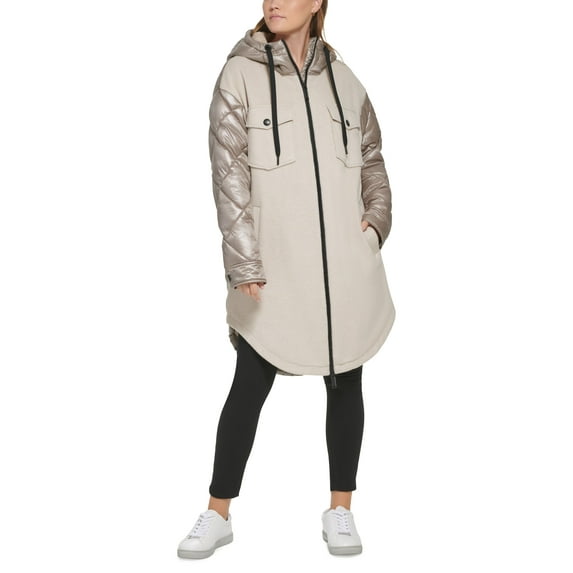 Petite Quilted Hooded Zip-Up Long Jacket Khaki PXL
