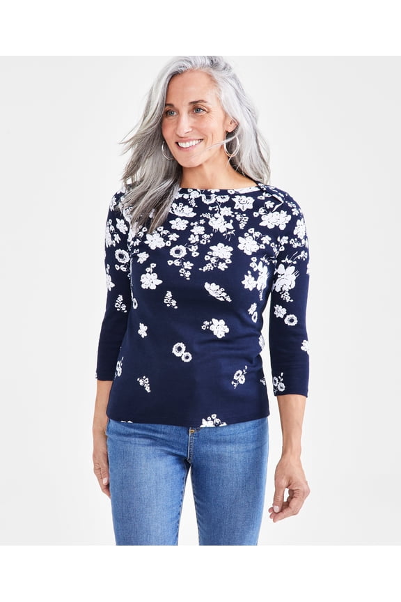 Petite Raining Flower Pima Cotton Top Industrial Blue PM