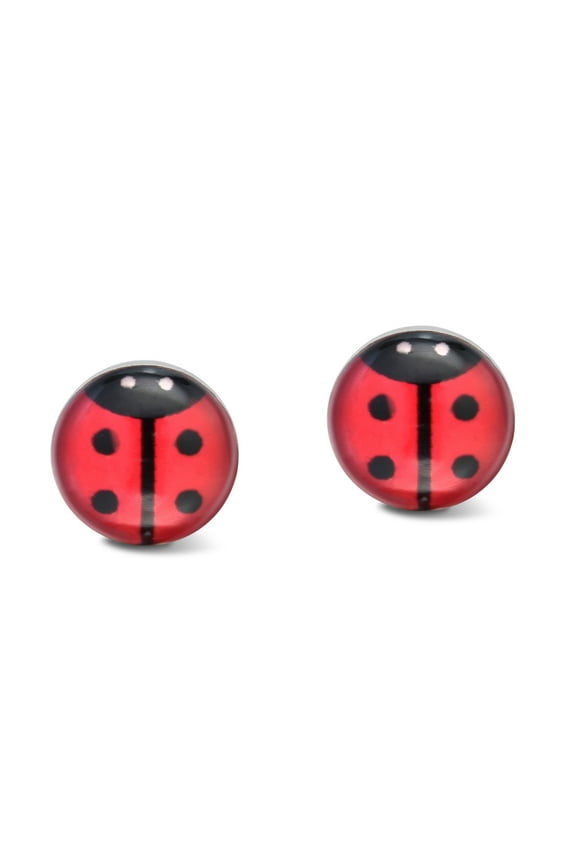 Petite Red Colored Enamel Beetle or Lady Bug .925 Sterling Silver Stud Earrings