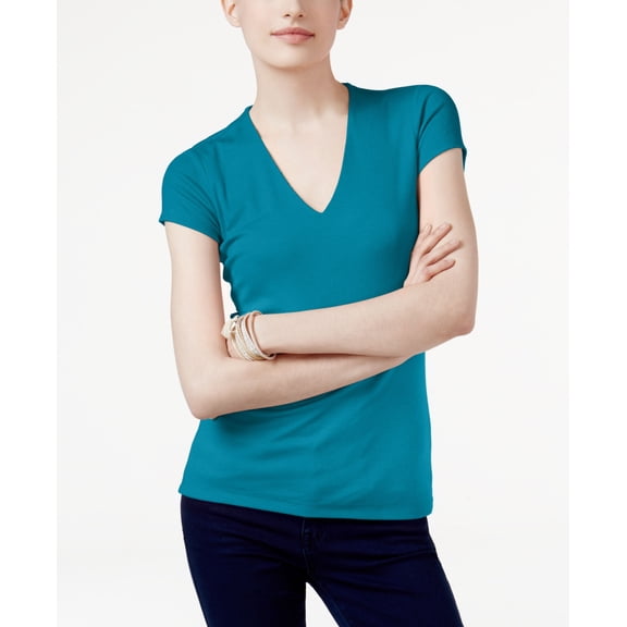 INC International Concepts Petite Ribbed V Neck Top Caribean Blue P/S