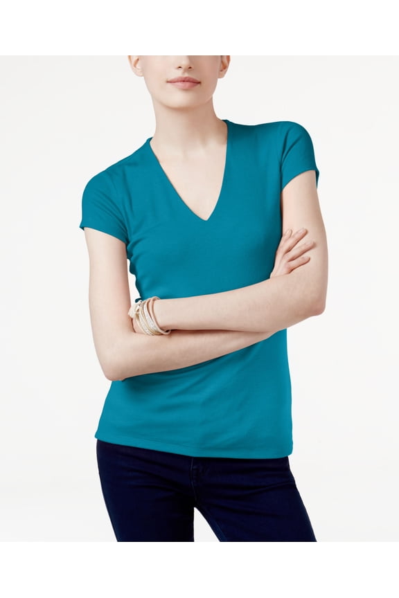 Petite Ribbed V Neck Top Caribean Blue P/S