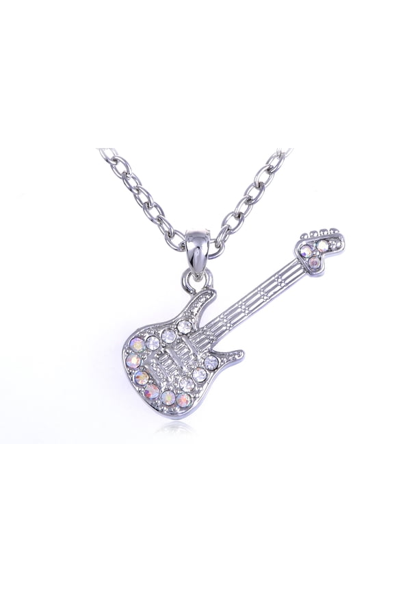 Petite Rock Star Electric Guitar Clear AB Crystal Rhinestone Pendant Necklace