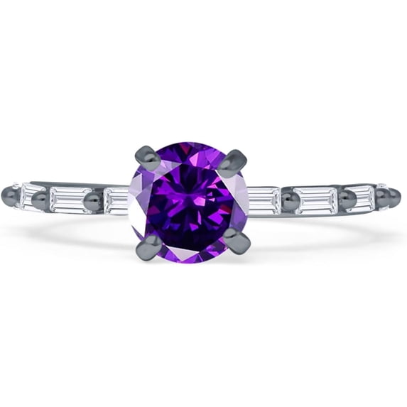 Petite Round Solitaire Ring Baguette Amethyst Cubic Zirconia Black Tone 925 Sterling Silver, Size 5