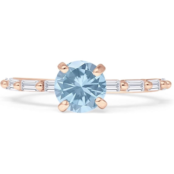 Petite Round Solitaire Ring Baguette Aquamarine Cubic Zirconia Rose Tone 925 Sterling Silver, Size 7
