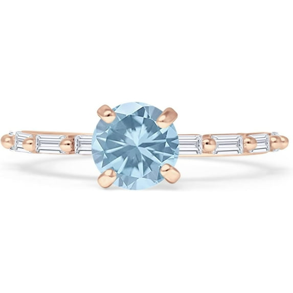 Petite Round Solitaire Ring Baguette Aquamarine Cubic Zirconia Rose Tone 925 Sterling Silver, Size 9