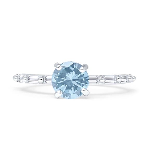 Petite Round Solitaire Ring Baguette Aquamarine Cubic Zirconia White Tone 925 Sterling Silver, Size 8