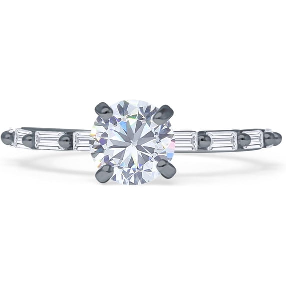 Petite Round Solitaire Ring Baguette Cubic Zirconia Black Tone 925 Sterling Silver, Size 7