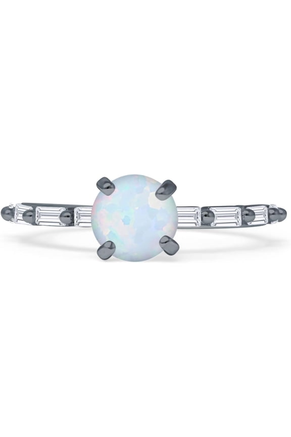 Petite Round Solitaire Ring Baguette White Opal Black Tone 925 Sterling Silver, Size 8