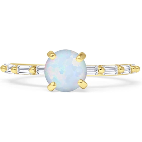 Petite Round Solitaire Ring Baguette White Opal Yellow Tone 925 Sterling Silver, Size 9