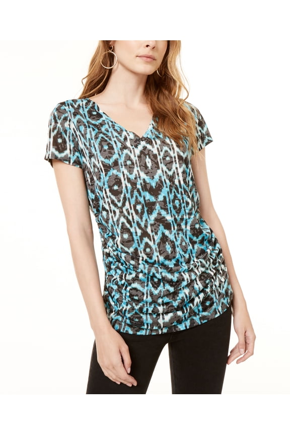 Petite Ruched Printed Top Painted Aztec P/S