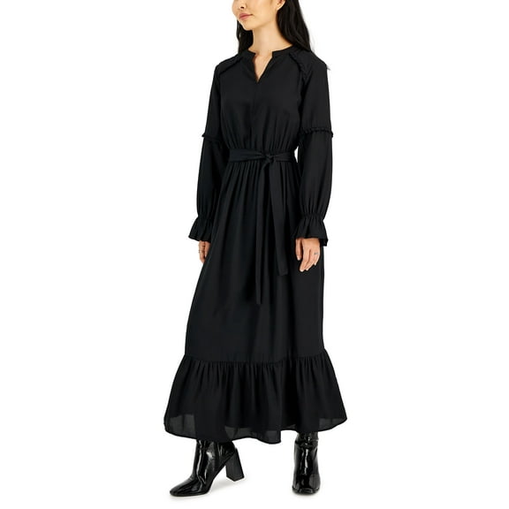 Petite Ruffle-Trim Balloon-Sleeve Maxi Dress Black PM
