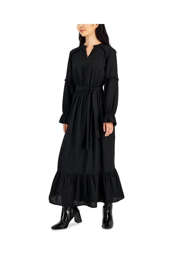 Petite Ruffle-Trim Balloon-Sleeve Maxi Dress Black PM