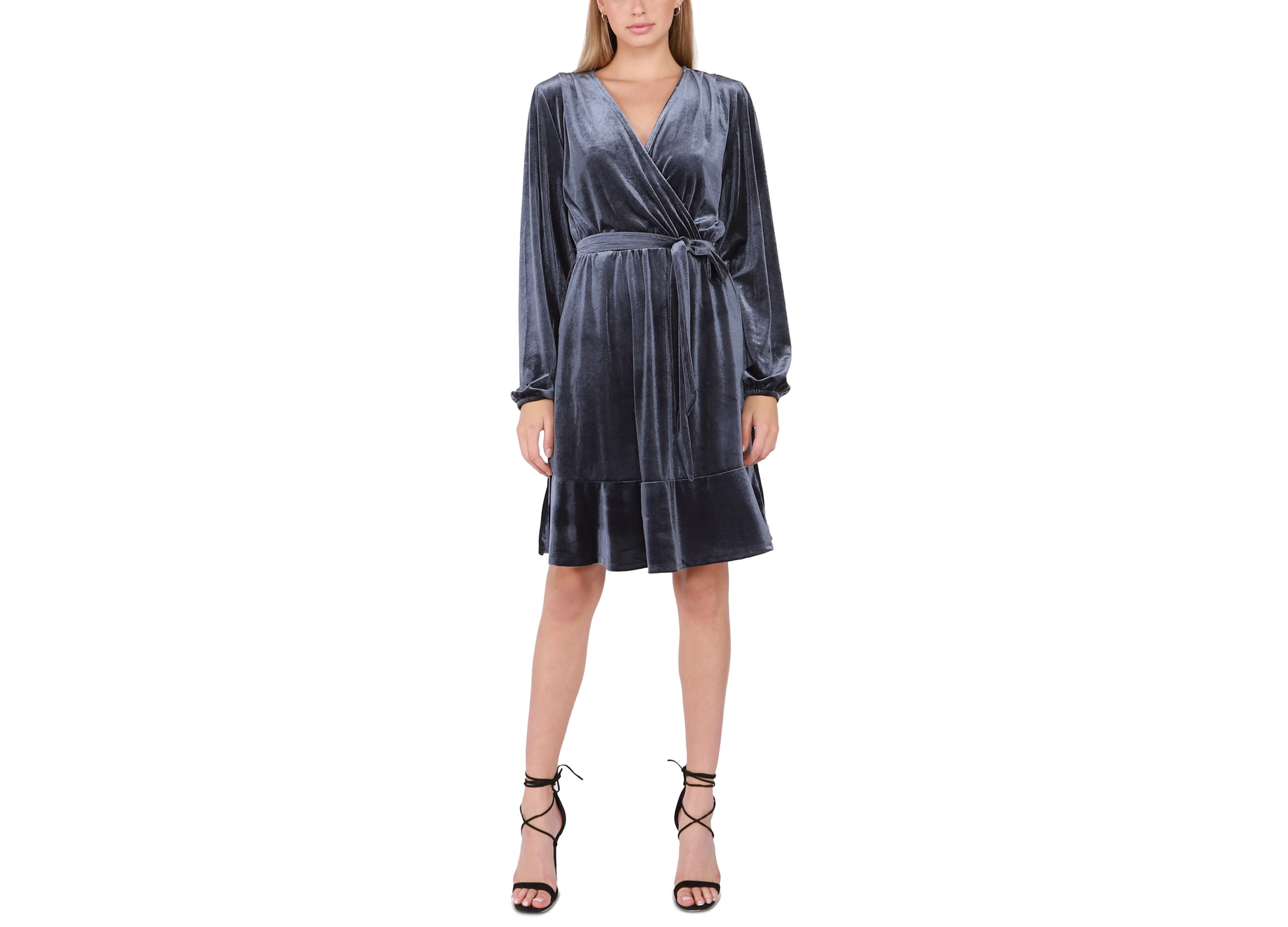 blue velvet dress petite Black Tape Ruffled-Hem Faux-Wrap - Navy Velvet black-friday-30 Fit and Flare Buy Adrianna Papell Blue Color:Dark grey