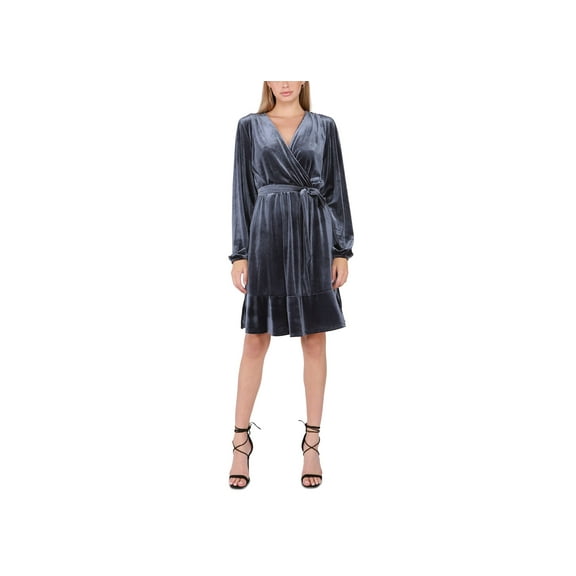 Petite Ruffled-Hem Faux-Wrap Velvet Dress Navy Velvet PXL