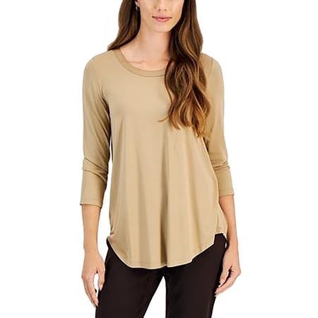 Petite Satin-Trim 3/4-Sleeve Top New Fawn PM
