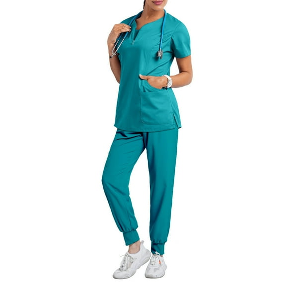 Petite Scrub Sets for Women 2026 Spring Summer V-Neck Scrub Top & Jogger Pant Stretch Nursing Workwear Quick Dry Uniform Suits with Multi Pocket for Doctors, Nurses Turquoise XL