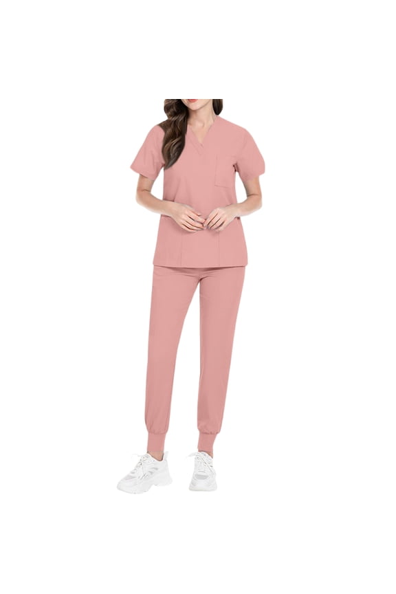Petite Scrub Sets for Women 2026 Spring Summer V-Neck Scrub Top and Jogger Pants Quick Dry Nursing Workwear Stretch Medical Uniform with Multi Pocket for Doctors, Nurses Pink S