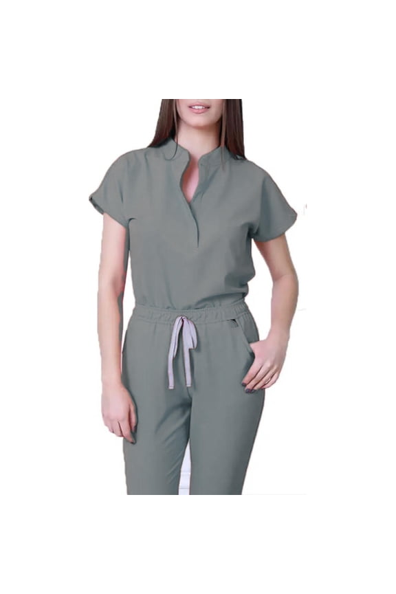 Petite Scrub Sets for Women 2026 Spring Summer V-Neck Scrub Top and Jogger Pants Stretch Nursing Scrubs Set Quick Dry Medical Uniform with Multi Pocket for Nurse Esthetician Gray M