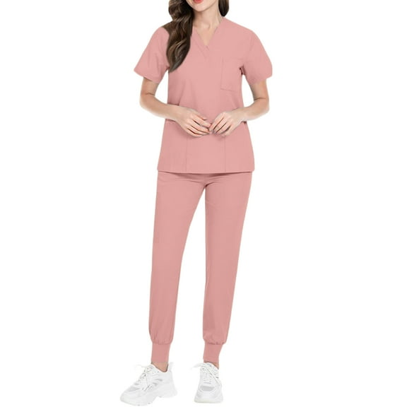 Petite Scrub Sets for Women Spring Summer V-Neck Scrub Top & Jogger Pant Quick Dry Nursing Scrubs Set Stretch Medical Uniform with Multi Pocket for Doctors, Nurses Pink L