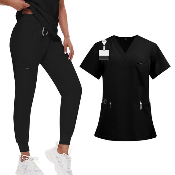 Petite Scrub Sets for Women Spring Summer V-Neck Scrub Top and Jogger Pants Quick Dry Nursing Workwear Stretch Medical Working Uniforms with Multi Pocket for Doctors, Nurses Black M