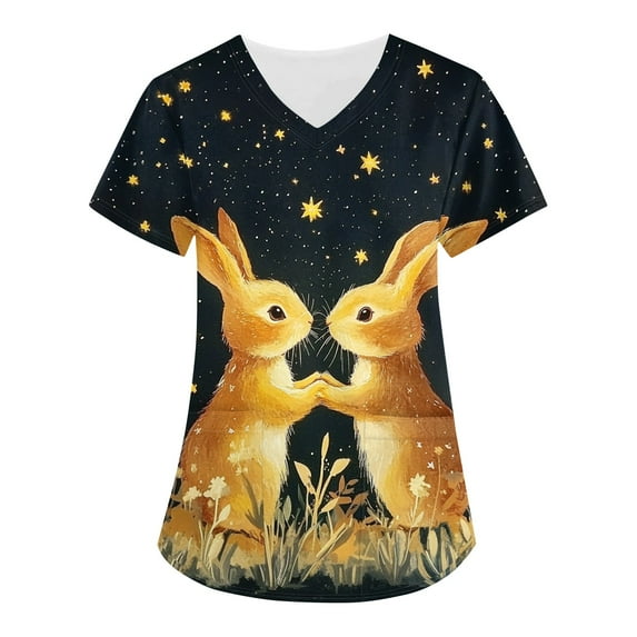 Petite Scrubs For Women,Easter Scrub Tops Women Bunny Egg Hunt Print Scrubs Short Sleeve Holiday Working Uniform with Pockets,Yellow,M
