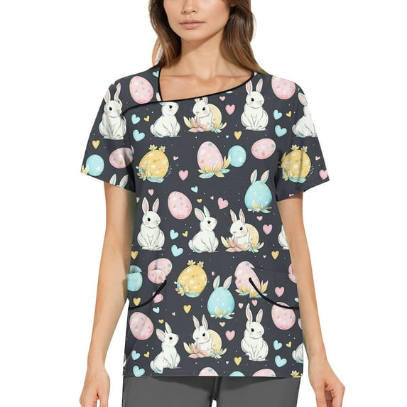 Petite Scrubs For Women,Scrubs for Women Trendy Easter Printing Plus Size Scrubs Tops Casual V Neck Short Sleeve Uniform with Pocket,Dark Gray,XXL