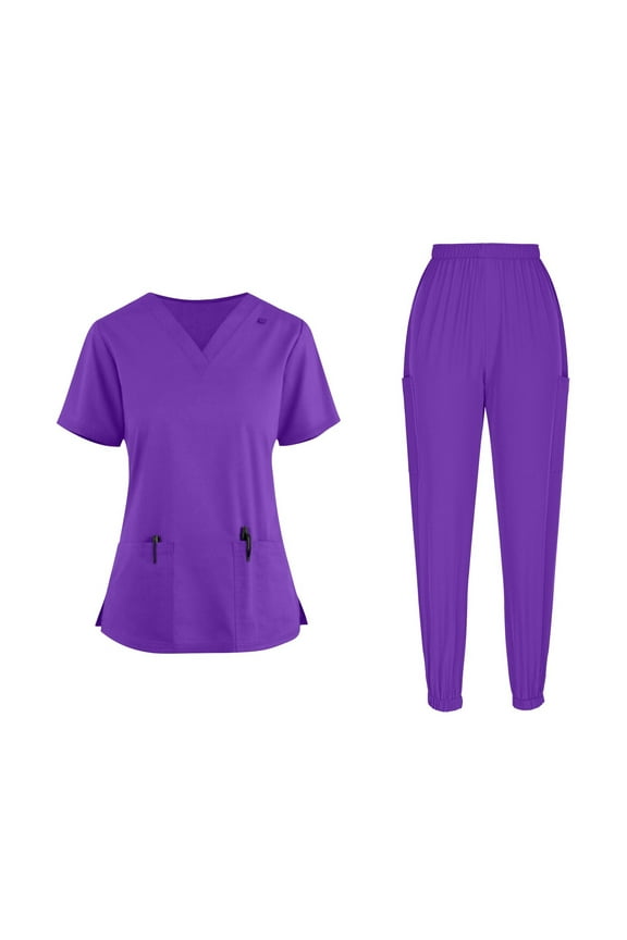 Petite Scrubs for Women Sets 2 Piece Outfits Short Sleeve V Neck Medical Uniforms & Scrubs Medical Scrubs High Waisted Cargo Scrub Pants Nurse Scrub Jacket, Purple L