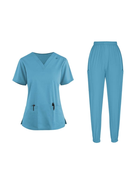 Petite Scrubs for Women Sets 2 Piece Outfits Short Sleeve V Neck Medical Uniforms & Scrubs Medical Scrubs High Waisted Cargo Scrub Pants Nurse Scrub Jacket, Light Blue S
