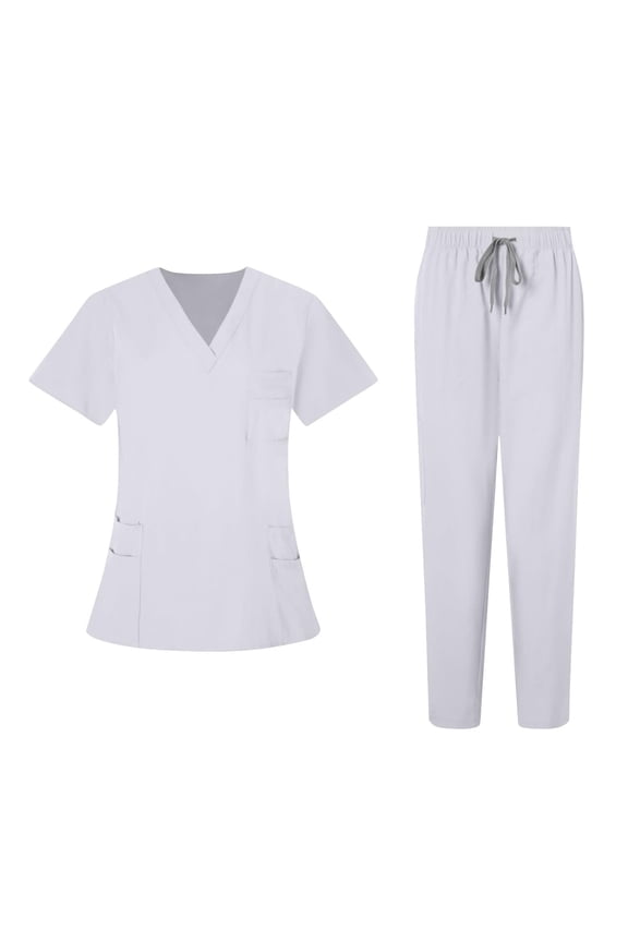Petite Scrubs for Women Sets 2 Piece Outfits Short Sleeve V Neck Medical Uniforms & Scrubs Medical Scrubs High Waisted Cargo Scrub Pants Ropa De Enfermera Para Mujer Set, White M