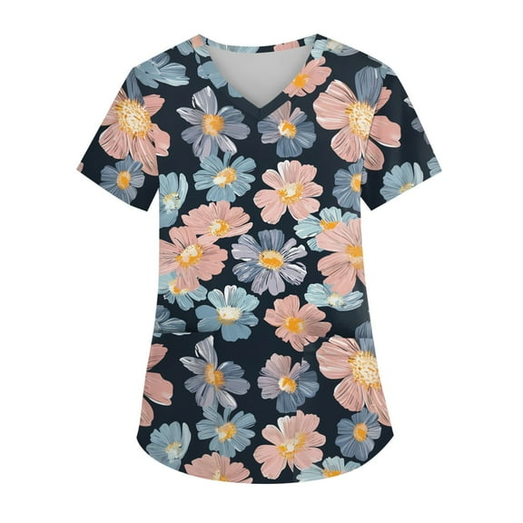 Petite Scrubs for Women,Hawaiian Floral Nurse Tops - Lightweight Short Sleeve Scrub with Chest Pocket - Navy - XL