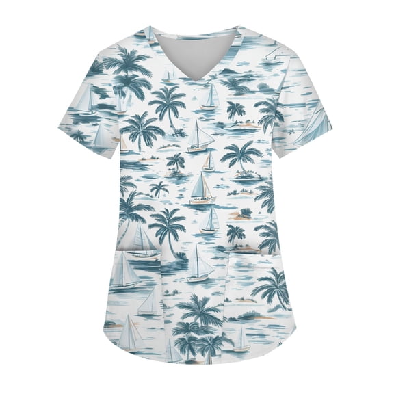 Petite Scrubs for Women,Hawaiian Print Scrubs Top- Performance Fabric Tops with Side Slit Pockets - Light Blue - XXL