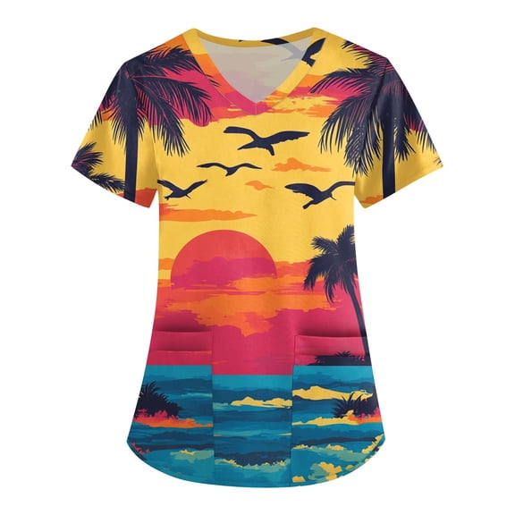Petite Scrubs for Women,Hawaiian Print V-Neck Scrubs Tops for Women - Odor-Resistant Fabric with Pocket - Red - XL