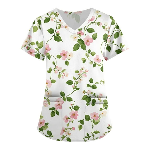 Petite Scrubs for Women,V-Neck Scrub Tops with Floral Print - 2-Pocket Stretchy Scrubs with Convertible V-Neck - Light pink - M