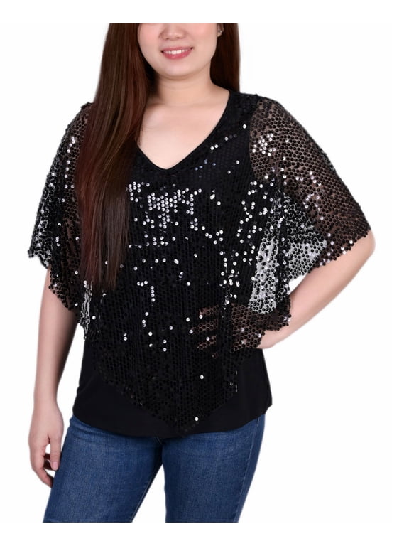 Petite Sequin Front Poncho Top Black Discoball PL