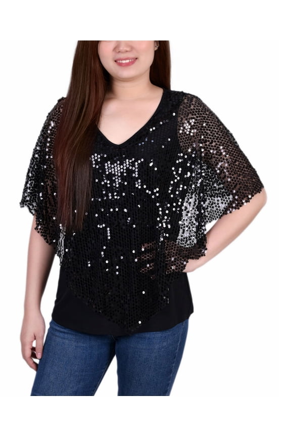 Petite Sequin Front Poncho Top Black Discoball PL