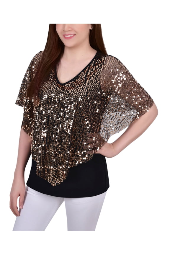 Petite Sequin-Front Poncho Top Gold Discoball PM