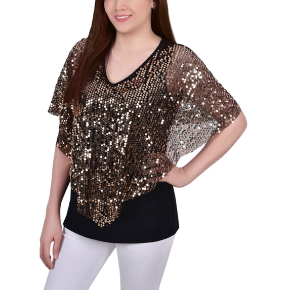 Petite Sequin-Front Poncho Top Gold Discoball PM