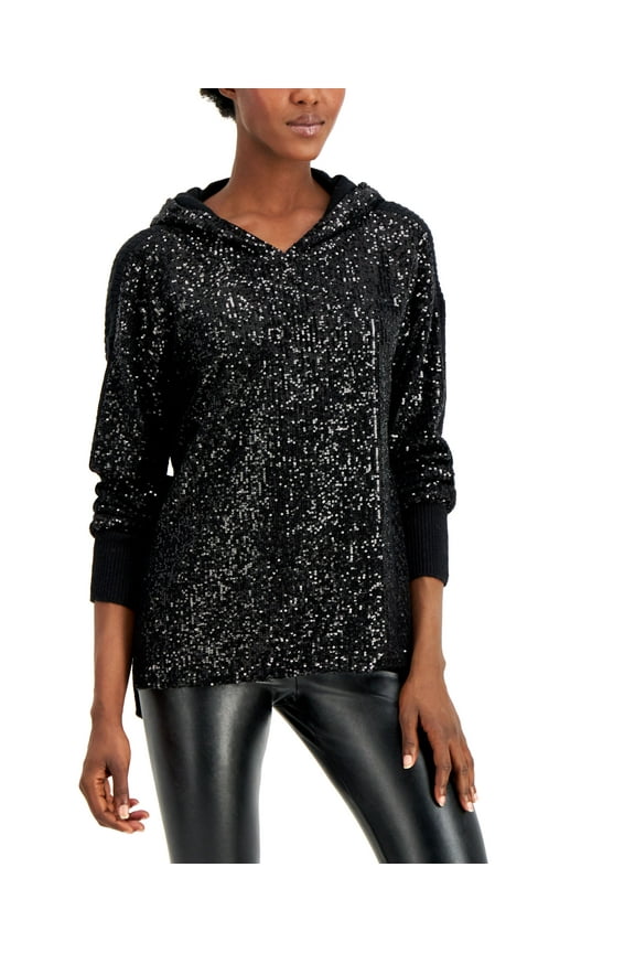 Petite Sequined Ribbed Hooded Sweater Deep Black PL
