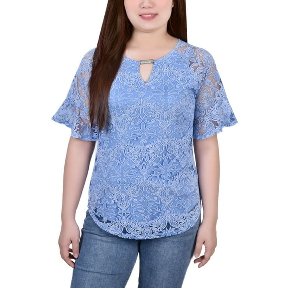 Petite Short Bell Sleeve Lace Blouse Belair Blue Starthrone PM