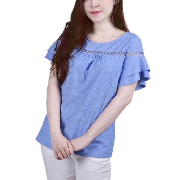 Petite Short Double Flutter Sleeve Swiss Dot Top Corn Flower PXL