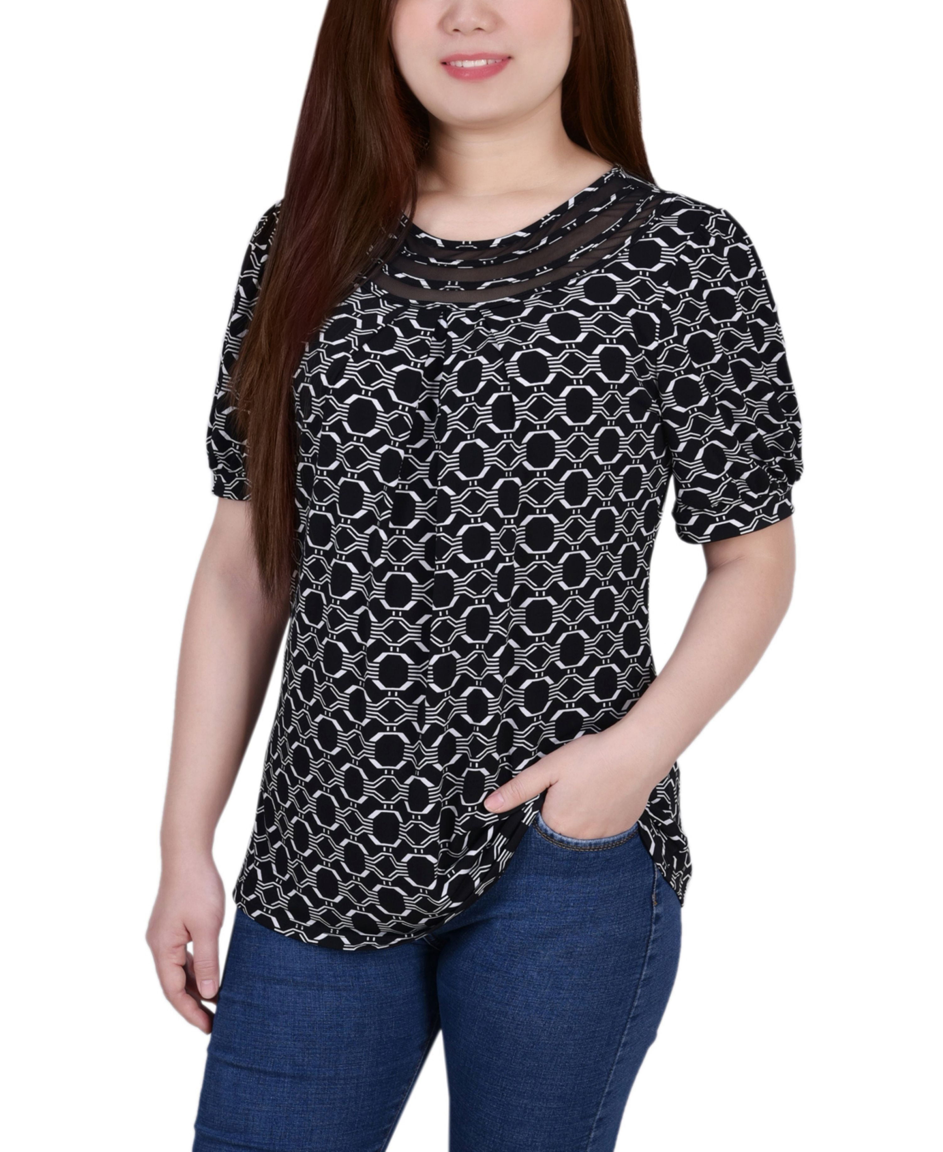 Mesh Inset Tops Petite Short Puff Sleeve Mesh Inset Top Black White Link PS - Walmart.com