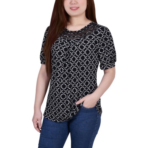 Petite Short Puff Sleeve Mesh Inset Top Black White Link PS