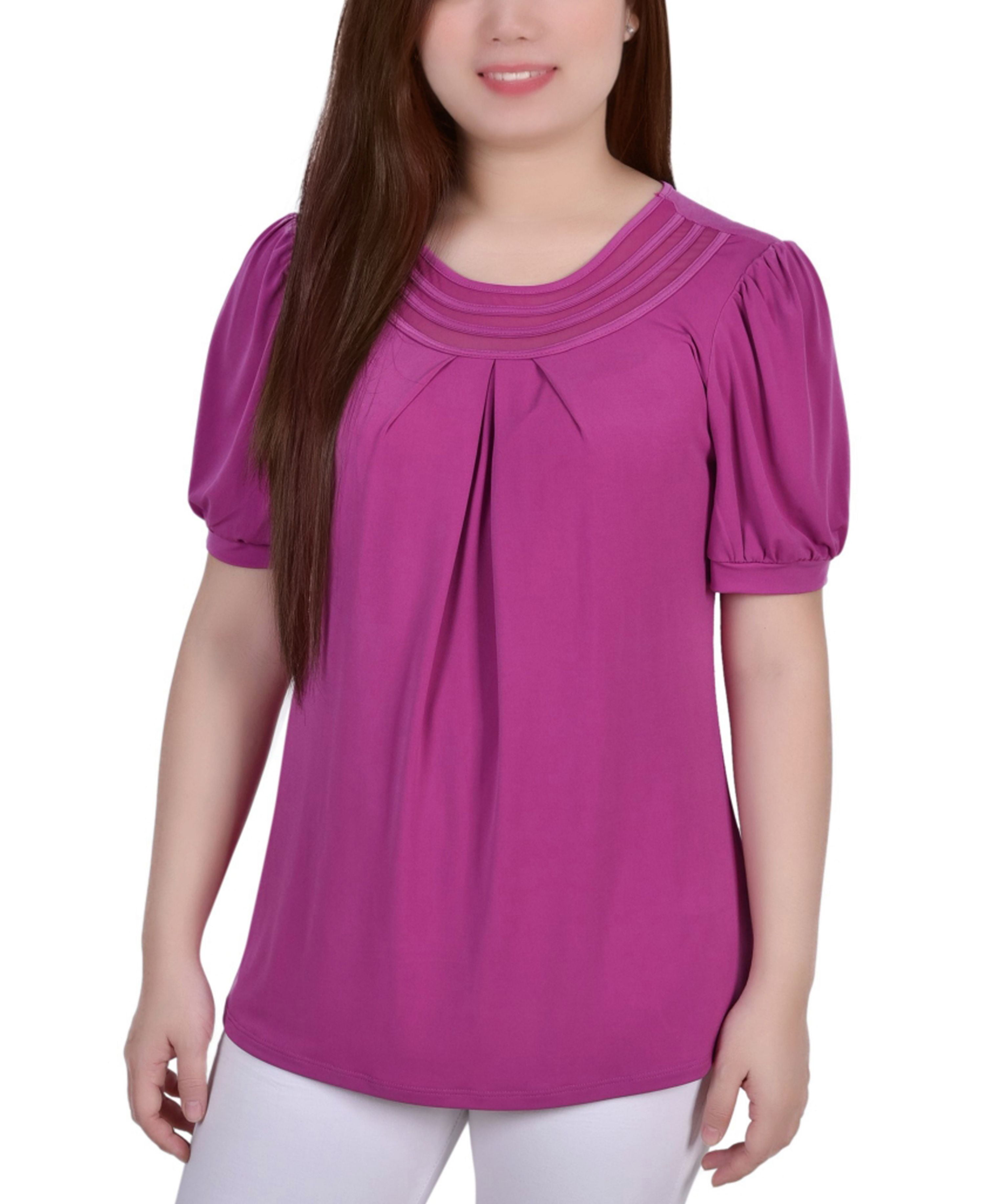 Petite Short Puff Sleeve Mesh Inset Top Magenta PM - Walmart.com