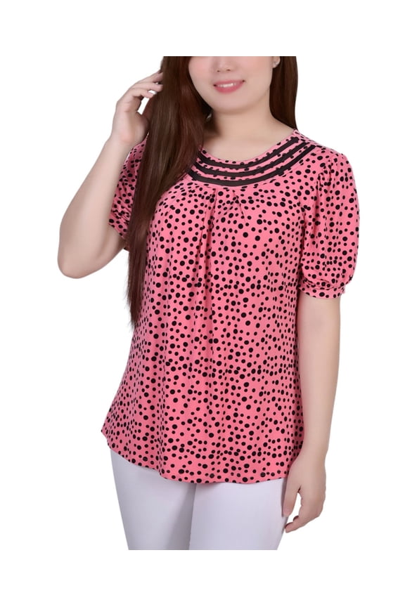 Petite Short Puff Sleeve Mesh Inset Top Mauve Ice Moon PXL