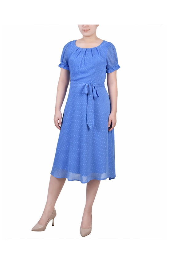 Petite Short Sleeve Belted Swiss Dot Dress Granada Sky Rectangle PS